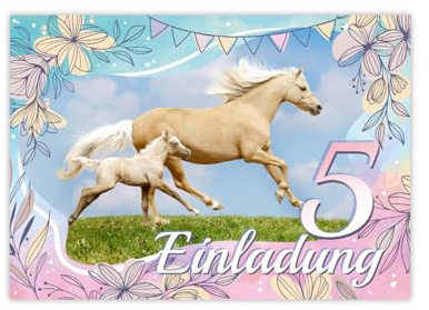 Minkocards 12 Einladungskarten zum 5. Kindergeburtstag Mädchen Pferd mit Fohlen Einladung fünfte Geburtstag Kinder bunte Geburtstagseinladungen