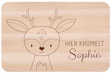 wunderwunsch - Personalisiertes Holzbrett mit präziser Gravur für Kinder - Personalisiertes Frühstücksbrettchen - Niedliche Motiv-Brettchen mit Namen (Reh)