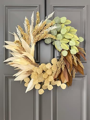 FLOROAD 24'' Fall Wreath for Front Door, Artificial Eucalyptus Wheat Corn-Husk Wreath, Farmhouse Home Door Porch Wall Window Autumn Harvest Decor, 24 Inch