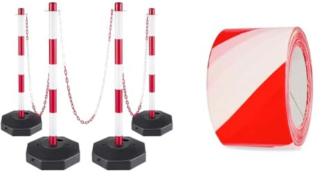 VEVOR Lot de 4 poteaux en Plastique avec chaîne de 9,8 m et 8 Crochets en S - Blanc & Amig - Ruban de marquage pour délimiter des zonez | pour balisage ou cordge |Panneau d'avertissement