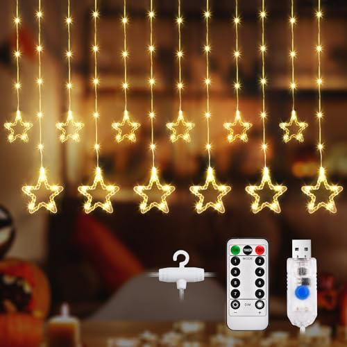 DazSpirit 12 Luces de Cortina de Estrellas, 3,5 m 144 LED Guirnaldas Luminosas Estrellas Navidad, con Ganchos, Remoto 8 Modos, USB, Temporizador, para Navidad, Decoraciones de Fiesta (Blanco Cálido)