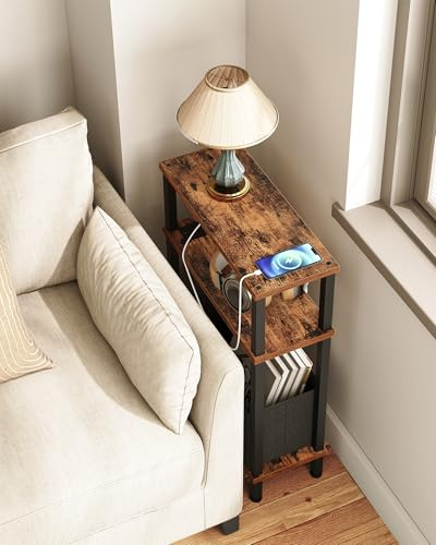 CHOEZON Small Narrow Side Table with Charging Station, Skinny End Table with Fabric Basket, Slim Nightstand for Small Spaces, Sofa Side Table, for Living Room, Bedroom, Rustic Brown and Black TBZ07UBF