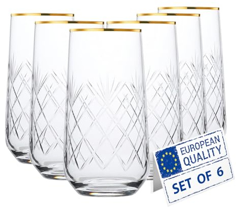 Biandeco Gold Rimmed Glasses Drinking Set of 6 | 16 oz Handmade Crystal Cut Gold Rim Glass Cups Drinkware for Cocktails, Mojitos, Juice, Water & Ice Tea | Luxury Glassware for Parties & Everyday Use