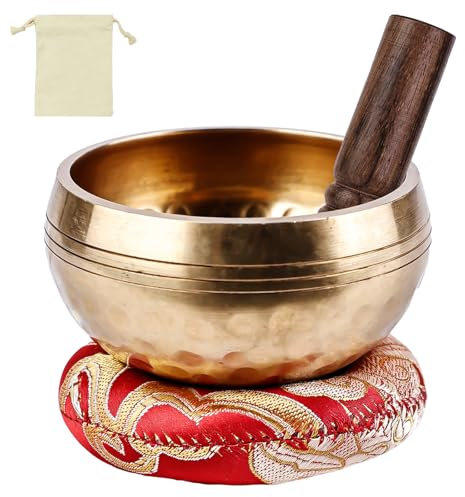 Tibetische Klangschale, Ø 8cm Klangschalen Set, Meditationsklangschale mit Sockel und Holzklöppel, Klangschalenkissen für Meditation, Yoga, Chakra und Entspannung