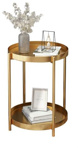 HHCTEBEC Beistelltisch mit 2 Ebenen, Goldfarben, Runder Beistelltisch Aus Metall, Kleiner Nachttisch, Akzenttisch für Schlafzimmer, Wohnzimmer, Kleine RäUme, Nachttisch