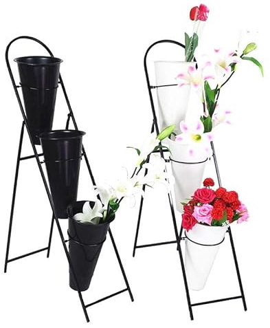 Blumenständer aus Metall mit 3 Kunststoff-Eimern, robuster Pflanzenständer für Gartenwagen, mobiler Floristen-Blumenstraußständer für Outdoor-Garten, Kunstausstellungen