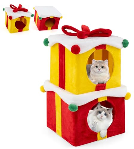 COSTWAY Casa de Gato Navideña, Cama Gato Cueva de 2 Pisos en Forma de Caja de Regalo, Nido para Mascotas Apilable para Gatitos con Lazo y Bolas, Mueble para Gatos Moderno y Cálido con 2 Condos