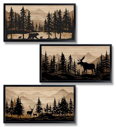 WELMECO Cabin Decor Bear Moose Deer Wall Art Rustic Home Decor Woodland Farmhouse Living Room Bedroom Bathroom Decor Forest Animal Picture, Black Framed 8x16inchx3 Pieces,Brown