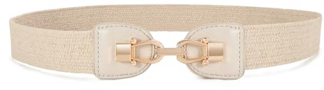 JasGood Cinturón elástico tejido de paja para damas 3.5cm ancho,Cinturón de vestido fino trenzado boho elástico, beige, 70cm:für Taillengröße 58cm-66cm