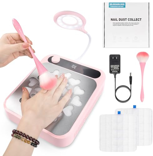 Collettore di polveri per unghie, collettore di polveri per unghie, con luce LED, 2 filtri riutilizzabili e spazzola per la pulizia, aspiratore per unghie, per saloni di bellezza, manicure e