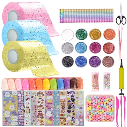 FFTANXS 53 Piezas Nano Tape,3 Tape (5 cm x 3 m) + 50 Paquetes De Material De Lujo,con Arcilla, Perlas, Pegatinas Kawaii,Nano Craft Regalos para Niños Niñas(Rosa+Azul+Amarillo)