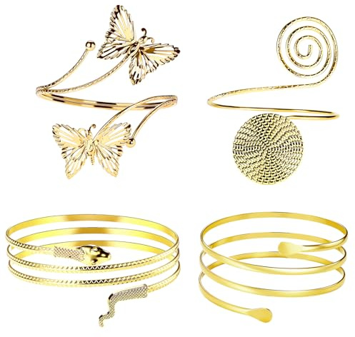 JewelryWe 4 Stück Gold Armmanschetten für Damen: Golden Offen Verstellbar Oberarm Armreif Schmetterling Schlange Kreis Spiral Mehrschichtig Oberarmreif Manschette Armband Elegant Armspange Schmuck