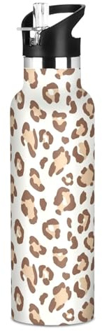 Bouteille d'eau pour enfants avec paille - Bouteille d'eau isotherme anti-fuite - 591 ml - Sans BPA - Imprimé léopard - Marron et beige