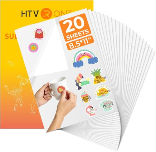HTVRONT Sublimation Sticker Paper, 20 Sheets Waterproof Stickers | Matte White, Waterproof, Easy to use, long-lasting, ideal for tumblers, mugs, bottles and smooth hard surfaces