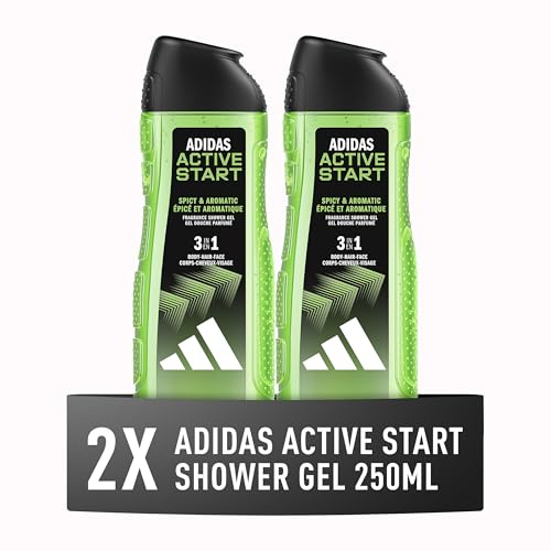 adidas, Active Start Gel Doccia Bagnoschiuma 3 in 1 per Corpo, Capelli e Viso, Formula Vegana, 250ml (Confezione da 2)
