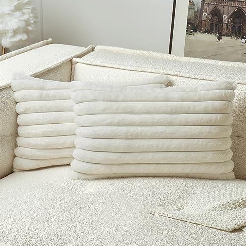 MIULEE 2er Set Kissenbezug 40×60cm Breitstreifen Plüsch Weiß | Polyester Plüsch Weich Kuschelig Pflegeleicht Dekorativ für Sofa Wohnzimmer Schlafzimmer Kinderzimmer und Gästezimmer