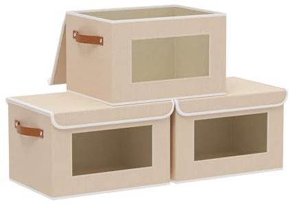 YheenLf Faltbare Aufbewahrungsbox mit Griff, 3 Stück, Beige, 26×20×17cm | Aufbewahrungsboxen mit Fenster Stoff,Schrank Organizer Kleiderschrank,Boxen mit Deckel Aufbewahrung,Faltboxen