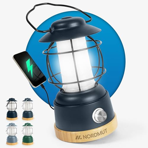 NORDMUT® Campinglampe aufladbar mit Powerbank [5200 mAh] IPX4 wasserdicht – Campinglampe dimmbar mit 200h Leuchtkraft – Leichte Campingleuchte Outdoor mit kompakten Packmaß (Schwarz)