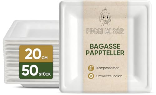 Peggikosar 50 Pappteller Eckig Einwegteller aus Zuckerrohr, Weiß 20 cm | Bagasse , Kompostierbar, Einmal Teller für Party, Picknick, Grillen, Auslaufsicher und extra stabil