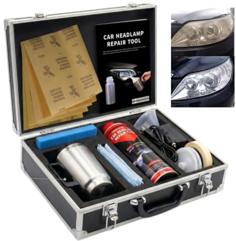 Ctopkatuo Kit de Restauración de Faros de Coche Profesional, Sistema con Taza de Atomización de Acero Inoxidable y 800g de Líquido Renovador, Elimina Arañazos, Amarillamiento y Oxidación, 12V/220V