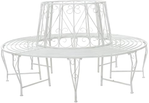 Holekex Trädbänk, rund med 8 sittplatser av stål, antikvit, Ø 160 x 89 cm, väderbeständig trädgårdsbänk med ryggstöd, perfekt för terrass, balkong och park, robust utomhus sittplats