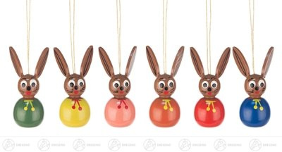 Rudolphs Schatzkiste Baumbehang Osterhasen, 6 Stück - Osterschmuck – Strauchbehang – Ostern & Frühjahr - Handarbeit aus dem Erzgebirge – NEU