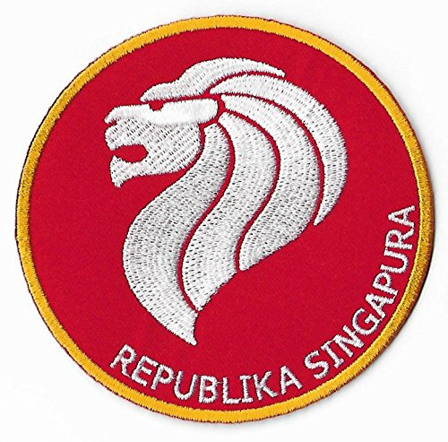 Singapur-Aufnäher (8,89 cm) rot bestickt zum Aufbügeln oder Aufnähen, Sammlerstück, Asien-Applikation, mit Löwen und der Aufschrift „Republika Singapura“