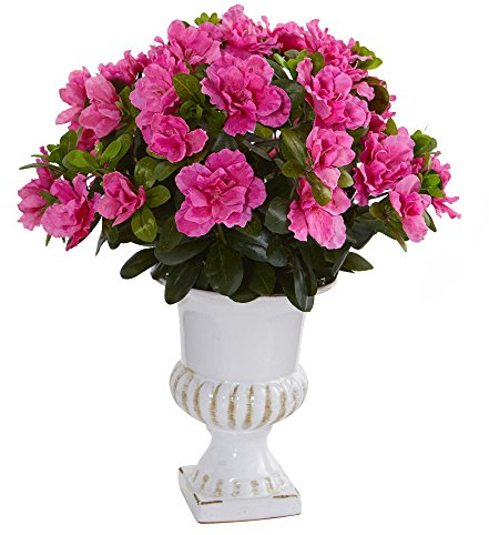 Nearly Natural Azalea Artificial White Urn Silk Plants Pink