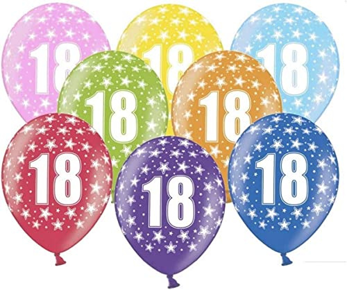 10 kunterbunte Luftballons 18. Geburtstag | Zahl 18 Ballons mit Sternen, ca. 30 cm, Helium geeignet, Partydeko für Jungen, Mädchen, Männer & Frauen, Made in EU