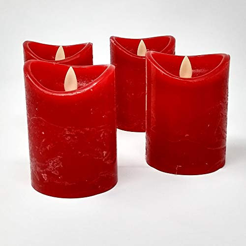 ToCi 4 x LED Kerzen Rot 7,5 x 10 cm – Echtwachskerzen flammenlos mit beweglicher Flamme & Timer - Stumpenkerzen mit LED-Licht für Advent, Deko, Grablicht, Innenbereich