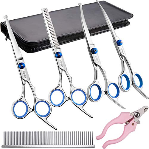 Elfirly Professional Dog Grooming Scissors Kit Stainless Steel Round Tip Cutting Curved Scissors Thinning Shears Grooming Comb Pet Hair Trimming Shears with Extra Nail Clippers for Dogs and Cats