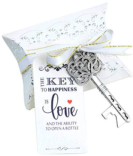 50 Stück Antike Vintage Skelett Schlüssel Flaschenöffner Hochzeit-Silber | Gastgeschenk Souvenir Geschenk Set mit Kissen Box, Escort Danke Tag und Französischem Band für Hochzeit Party