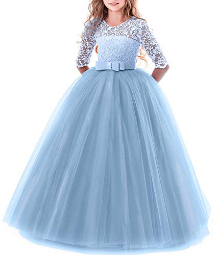 Robe de soirée en dentelle à manches 3/4 avec motif fleur pour filles,Pour mariage, demoiselle d'honneur, première communion, soirée,Longueur au sol,Pour enfants,Pour anniversaire,Bleu,X-Large