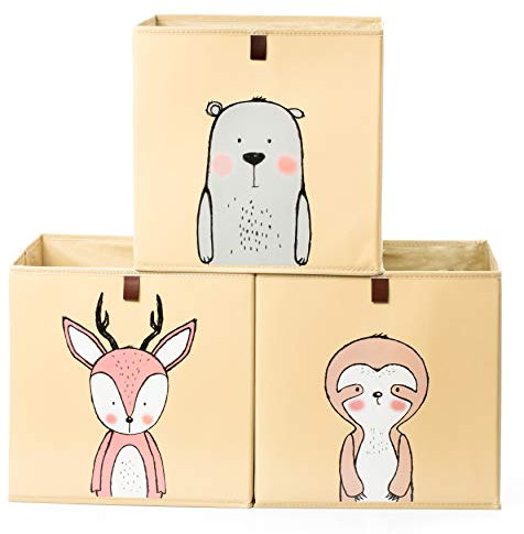 2friends Confezione di 3 scatole per giocattoli per bambini con maniglia a occhiello, 33 x 33 x 33 cm, robuste e lavabili, beige