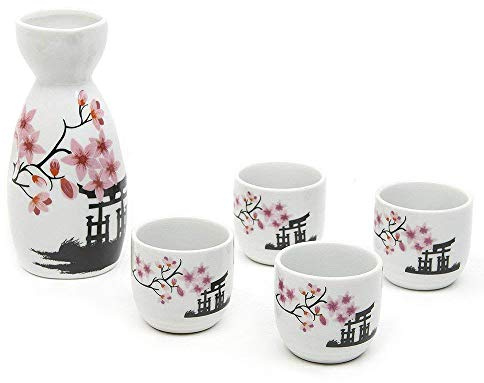 Set per sake giapponesi, set tradizionale di tazze da sakè dipinte a mano, in porcellana, ceramica artigianale, bicchieri da vino, tazze da saki, 5 pezzi (fiori di ciliegio nuovo)