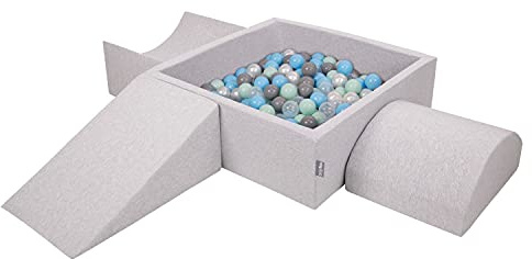 KiddyMoon Parque Infantil De Espuma con Cuadrada Piscina De Bolas (200 Bolas) para Niños, Gris Claro:Perla/Gris/Transparente/Azul Clr/Menta