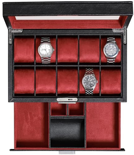 ROTHWELL Leder-Uhrenbox 10 Fächer mit Schublade, Luxus-Uhrenetui mit weichen Kissen, abschließbarer Schmuck-Uhrenhalter mit großem Glasdeckel (Schwarz/Rot)