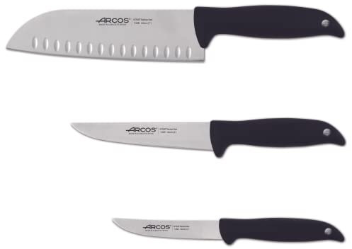 Arcos Serie Menorca, Set de 3 Cuchillos Cocina, Cuchillo Santoku, Cuchillo Mondador, Cuchillo Cocina, Acero Inoxidable NITRUM, Envase Eco, Fabricado en España, Color Negro (810300)
