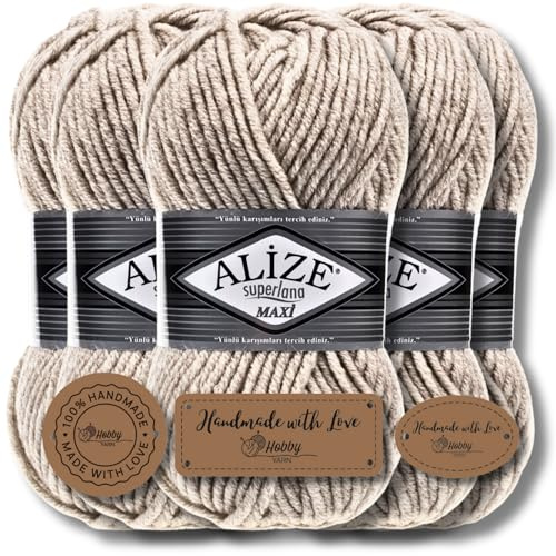 Alize 5 x 100g Superlana Maxi Türkische Premium Wolle Baumwolle und Acryl Uni Handstrickgarne, Yarn, Garn, Strickgarn, Einfarbig, Baby, zum Häkeln Stricken Kleidung Schals (Beige Melange - 152)