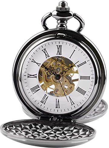 Tiong Mechanische Taschenuhr Handaufzug Steampunk Double Hunter Taschenuhr Gravierte Römische Ziffern für Männer mit Geschenkbox
