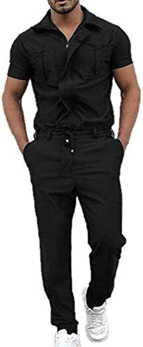 oytto Herren Revers Latzhose Kurzarm Arbeitsoverall Kurzarm Arbeitskleidung Boilersuit Latzhose, Schwarz , M