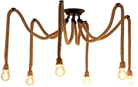 EUNEWR Lámpara de araña industrial retro de cuerda de cáñamo, cuerda de cáñamo vintage, lámpara colgante con portalámparas E27, lámpara de techo industrial vintage para salón restaurante (6 luces)