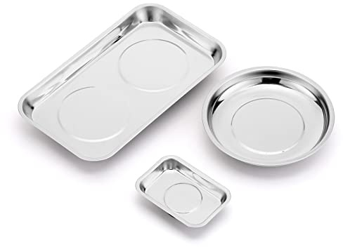 CASOMAN 3-Piece Round and Square Magnetic Trays Set, Stainless Steel, 5.9 Round, 9.4Wx5.4L & 3.8W x 2.6L Square, for Socket Screw, Nuts, Bolts, Metal Parts