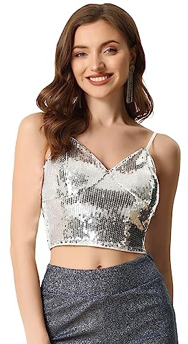Allegra K Damen Halloween-Kostüm Ärmellos Pailletten Crop Top Spaghettiträger Club Party Tanktop Oberteil Silber M