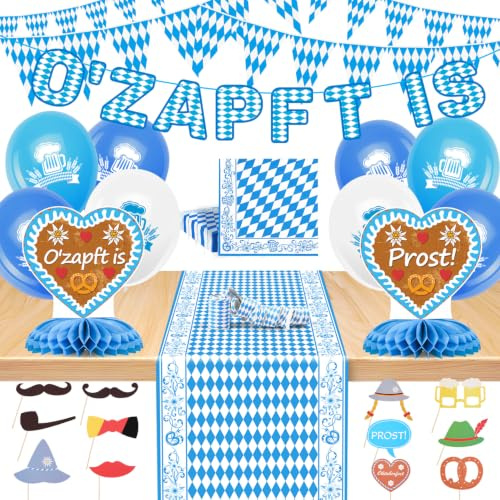 iZoeL Oktoberfest Deko Set Girlande Wimpelkette Tischläufer Ballons Party | Oktoberfest Deko Set: O’ZAPFT IS Girlande,Wimpelkette,20m Tischläufer, XXL Ballons,Servietten,2 Herztischdeko usw