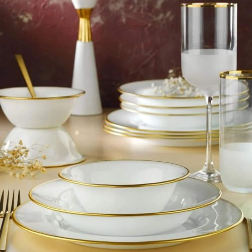Fecra Glare 18 Piece Glass Dinner Set for 6 People, White/Gold