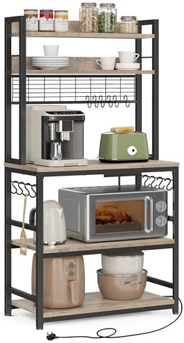 VASAGLE Kitchen Storage Rack with Power Outlet, Coffee Bar, Baker's Rack, with Metal Wire Panel, 14 Hooks, for Microwave, Steel Frame, 40 x 80 x 170 cm, Greige and Ink Black KKS025K02