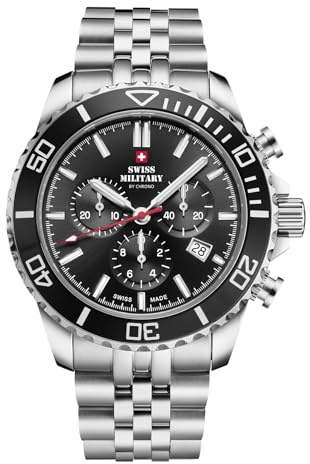 Swiss Military by Chrono SM34103 herrklocka kronograf med band i rostfritt stål eller silikonband 10 ATM datum stoppur safirglas, Svart/metallband