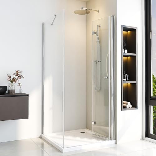Duschkabine 80 x 80 cm Eckeinstieg Faltbar 180º Duschabtrennung mit Seitenwand Dusche aus 6 mm Starkem Einscheiben-Sicherheitsglas mit Nanobeschichtung,Höhe 185cm