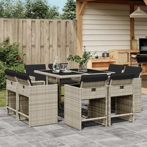 Tidyard Lounge Gartenmöbel Set Poly Rattan für Garten,Möbel Balkon,9-teilige Garten-Essgruppe mit Outdoor Sofa,Sessel und Tisch mit Hartglas-Tischplatte & 8 Stühle für 8 Personen Hellgrau Poly Rattan